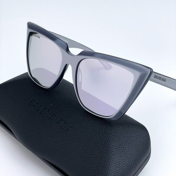 NEW Balenciaga BB0046S 006 Silver Gray Shiny Mirrored Cat Eye Women Sunglasses - Picture 3 of 11